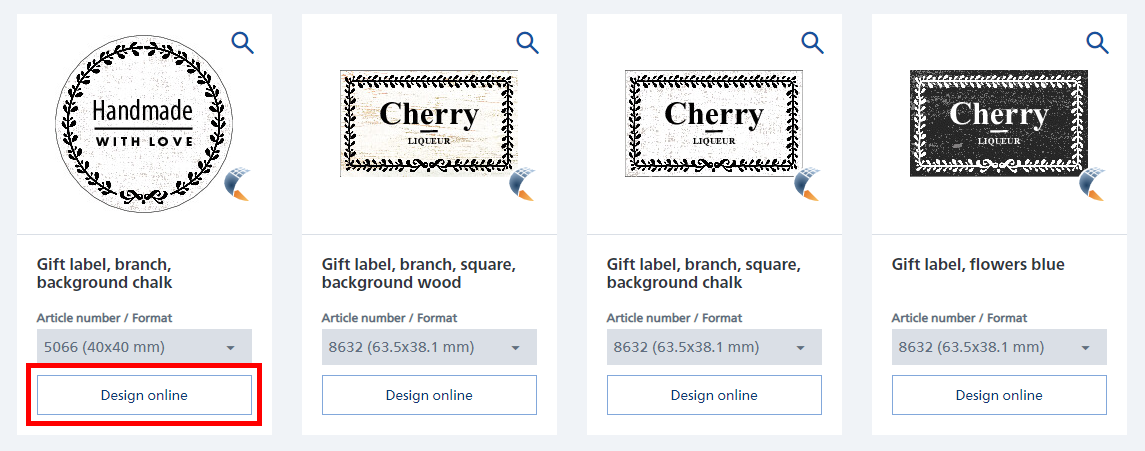 Étiquettes cadeaux avec différents designs : "Fait main avec amour", "Cerise" et motifs floraux. Option de conception en ligne.