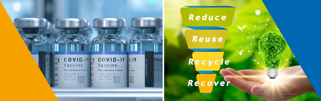 Vaccins contre la COVID-19 dans des flacons à gauche, à droite une main tenant une ampoule, entourée des termes Réduire, Réutiliser, Recycler, Restaurer.